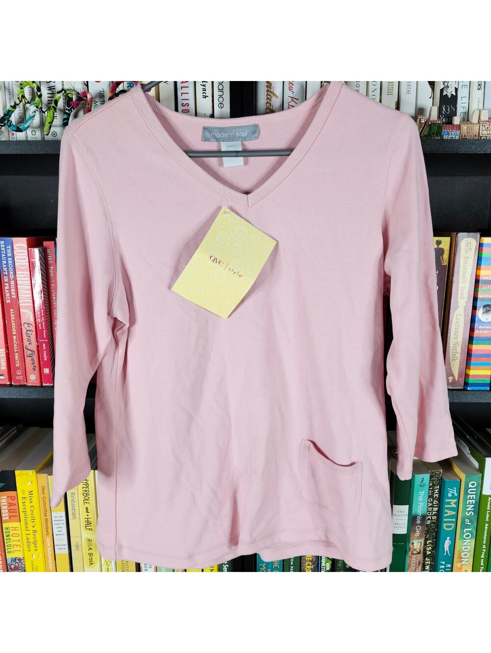 NWT Modern Soul by QVC Pink V-Neck Knit Top 3/4 Sleeve Pocket Cotton Small